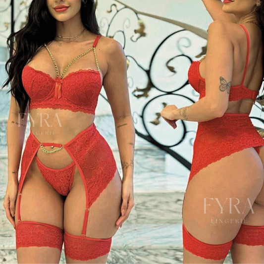 Conjunto lingerie sexy correntes em vermelho